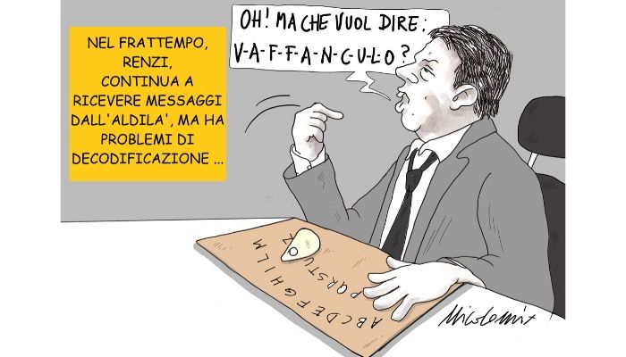 Renzi e la tavoletta Ouija . Renzi tira in ballo i morti di bergamo e Brescia per avvalorare la sua idea di riapertura. Nicocomix 