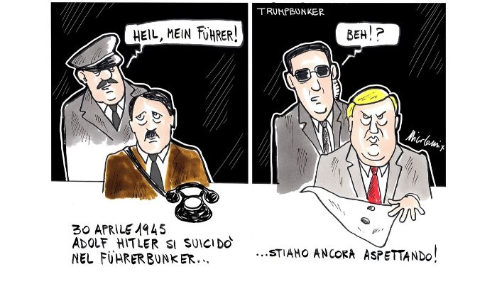 Trumpbunker .  Durante le proteste per l'uccisione di George Floyd, il Presidente Donald Trump viene accompagnato nel bunker della casa bianca per la sua incolumità. Nicocomix