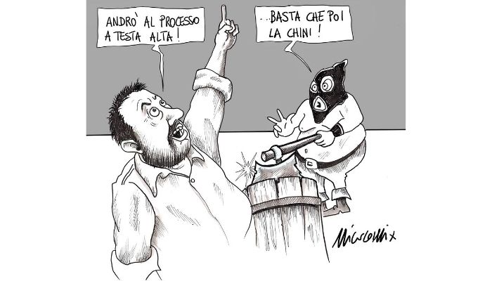 giù la testa . Salvini a testa alta va al processo Open Arms . Nicocomix
